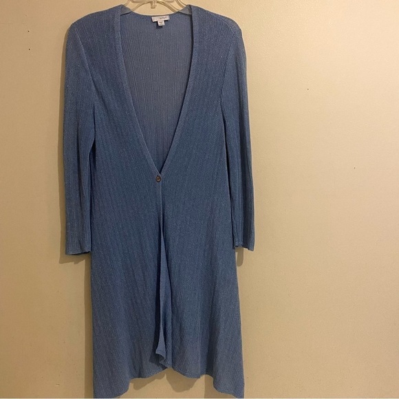 PureJill Sweater Women's Size S Silk Knit Blue Cardigan One Button Long Length - Picture 1 of 11